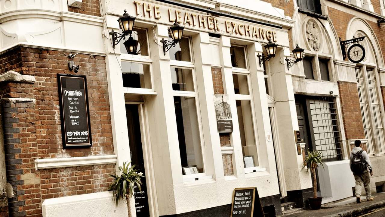 Photo of the exterior of the Leather Exchange pub.